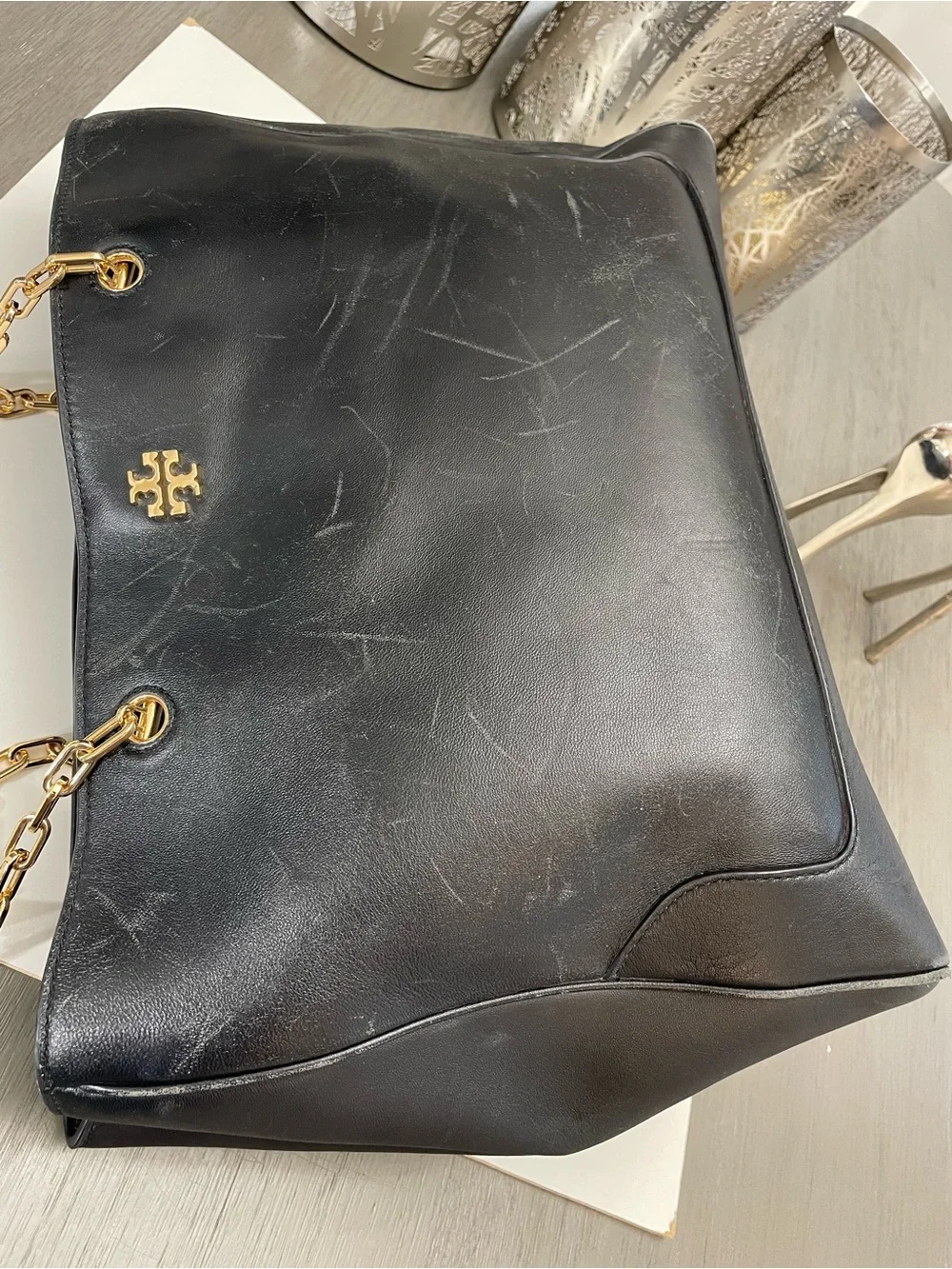 Tory Burch Black Leather Chain Tote Shoulder Bag Large Gold Logo Authentic